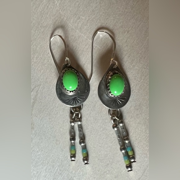 Authentic Navajo Sterling Silver Silver and Green Turquoise Earrings - Picture 2 of 5